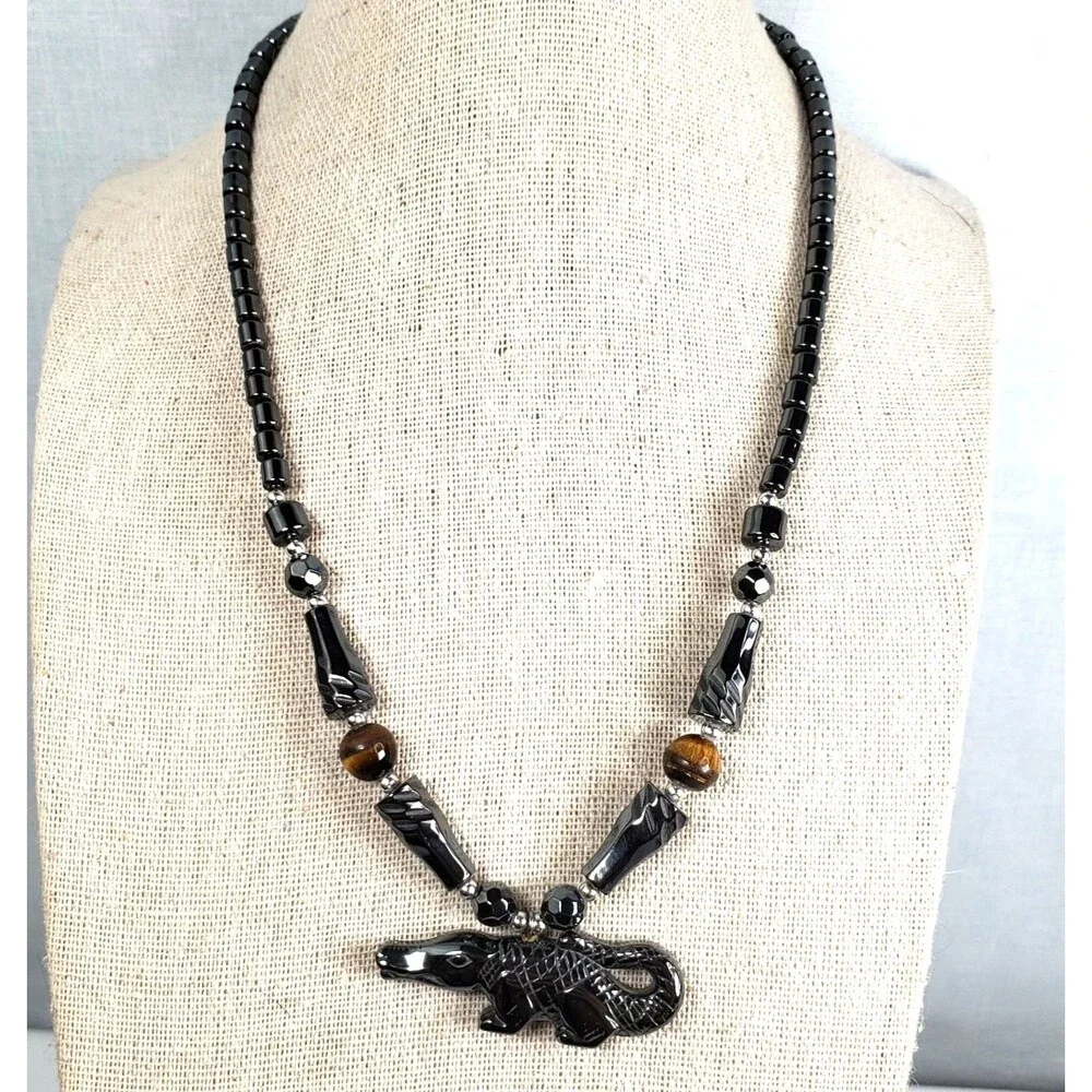 Carved Hematite & Tigers Eye Gator Pendant 17